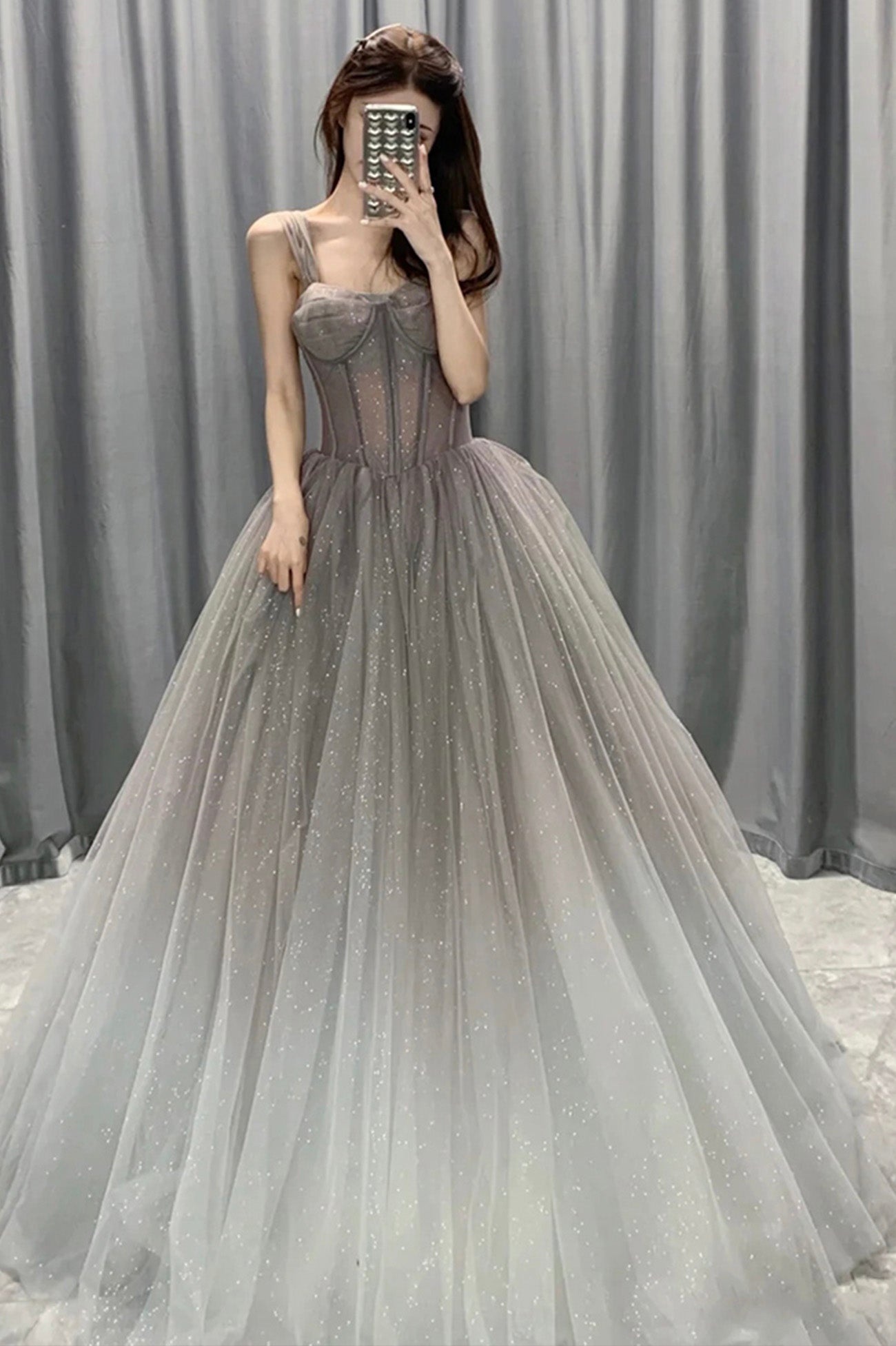 gray party dress Sexy Silver Bodycon TCDFD8855 Zipper closure Gray Gradient Tulle Long Prom
