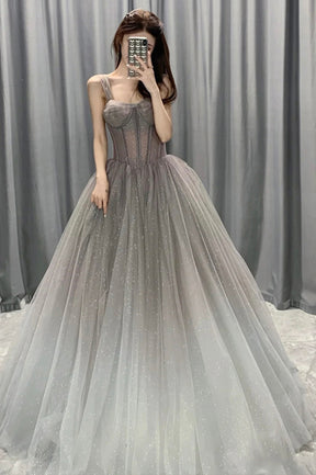 Gray Gradient Tulle Long Prom Dress, A-Line Evening Party Dress