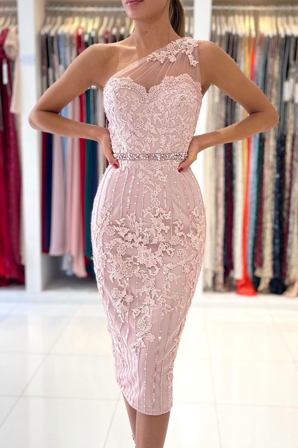Pink Lace One Shoulder Prom Dress, Cute Homecoming Party Dress