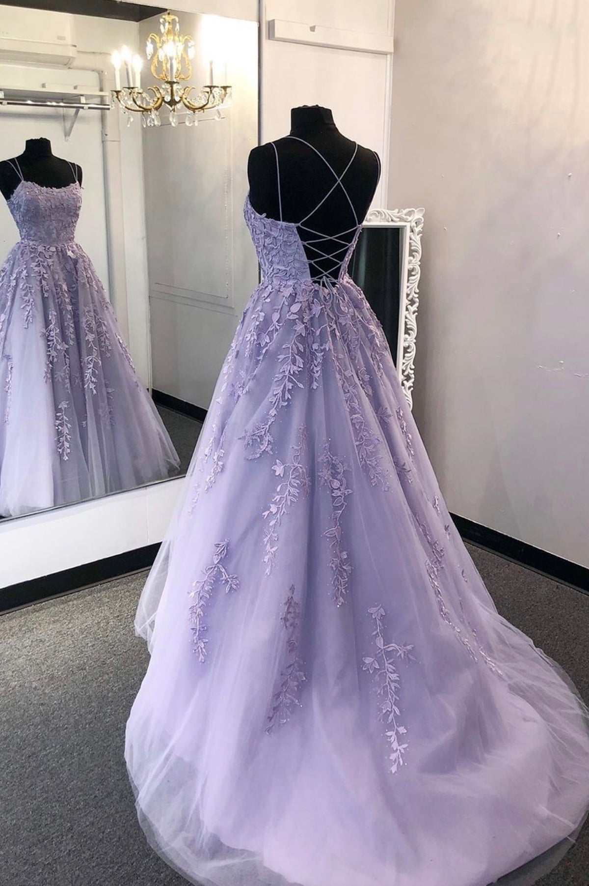 Purple Lace Long A-Line Prom Dress, Spaghetti Strap Backless Evening Dress