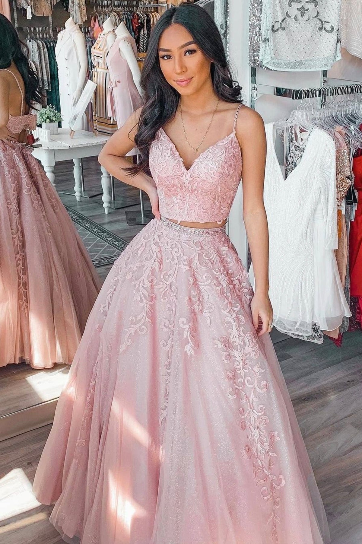 Pink Tulle Lace Long Prom Dress, A-Line Two Pieces Graduation Dress