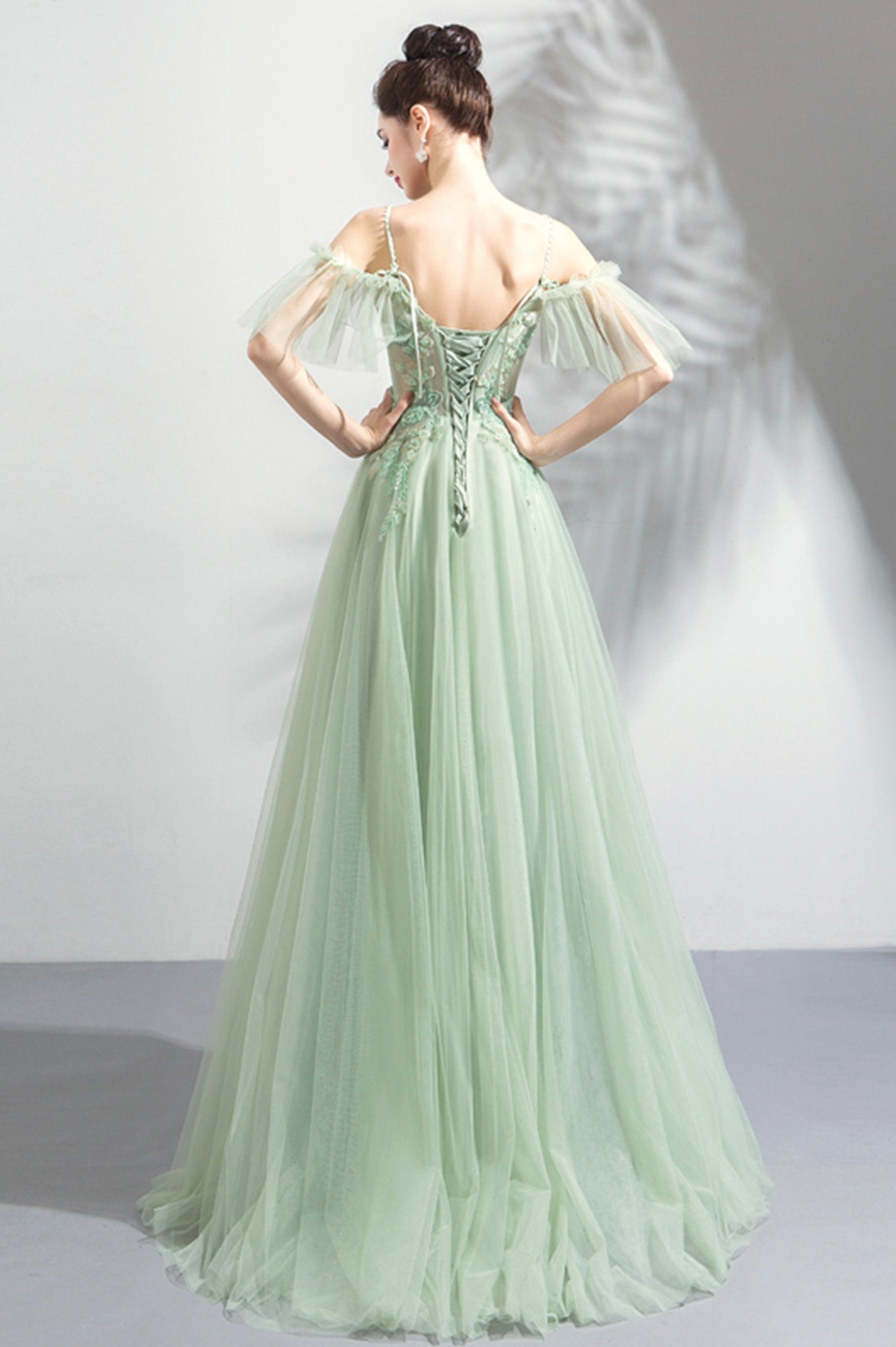 Green Lace Spaghetti Strap Floor Length Evening Dress, A-Line Prom Dress