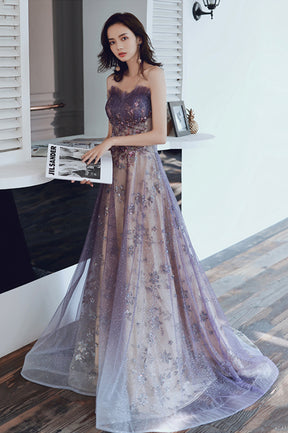 Purple Tulle Sequins Long Prom Dress, A-Line Strapless Evening Party Dress