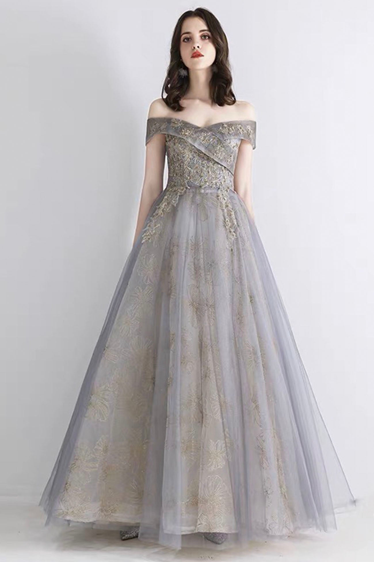 Gray Tulle Sequins Long Prom Dress, Off the Shoulder Evening Graduatio