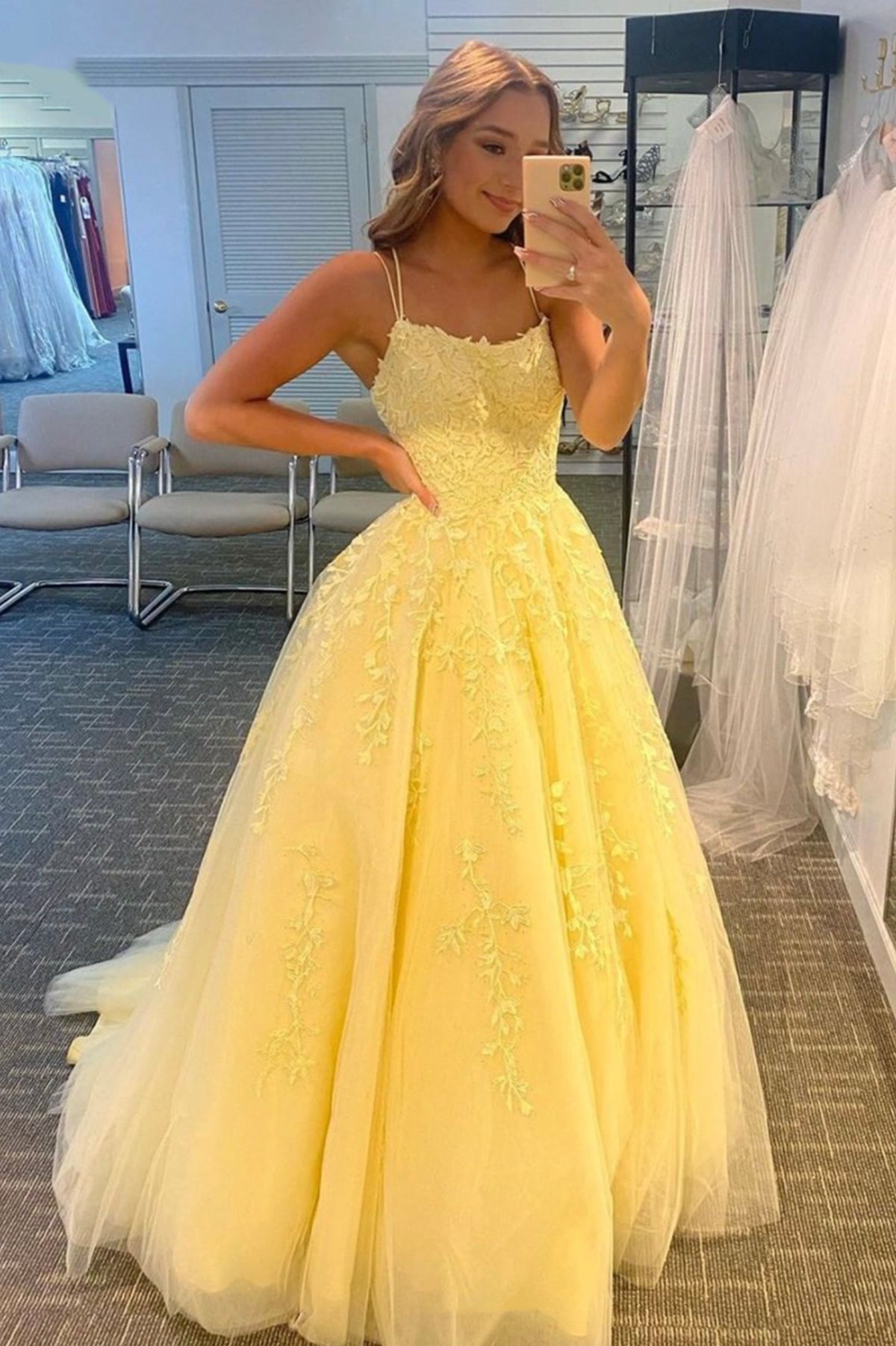 Yellow Tulle Lace Long Prom Dress, A-Line Backless Graduation Party Dress