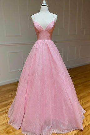 Pink Tulle Long Backless Prom Dress, A-Line V Neck Party Dress