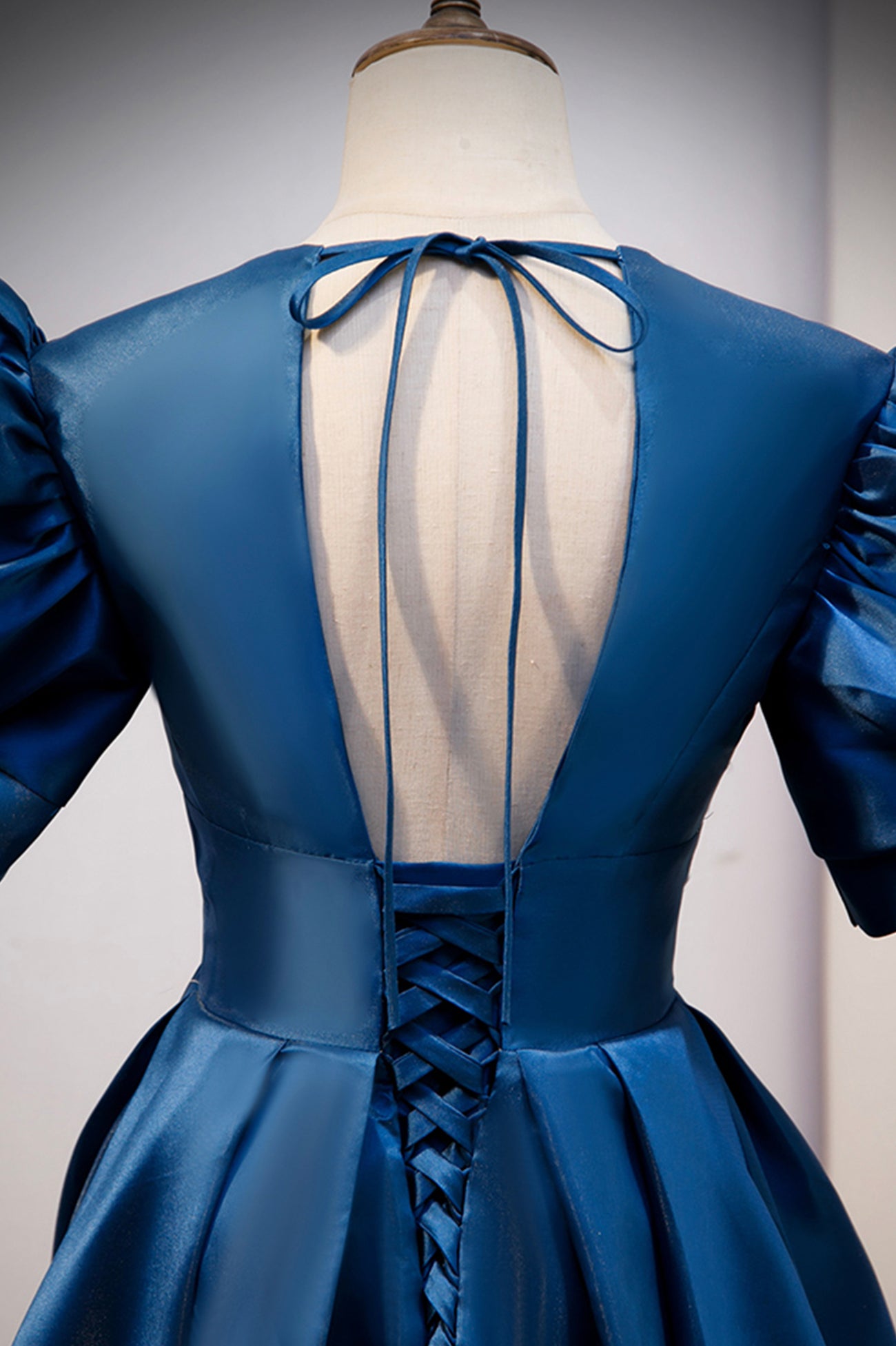 Blue Satin Long A-Line Prom Dress, Elegant Short Sleeve Party Dress