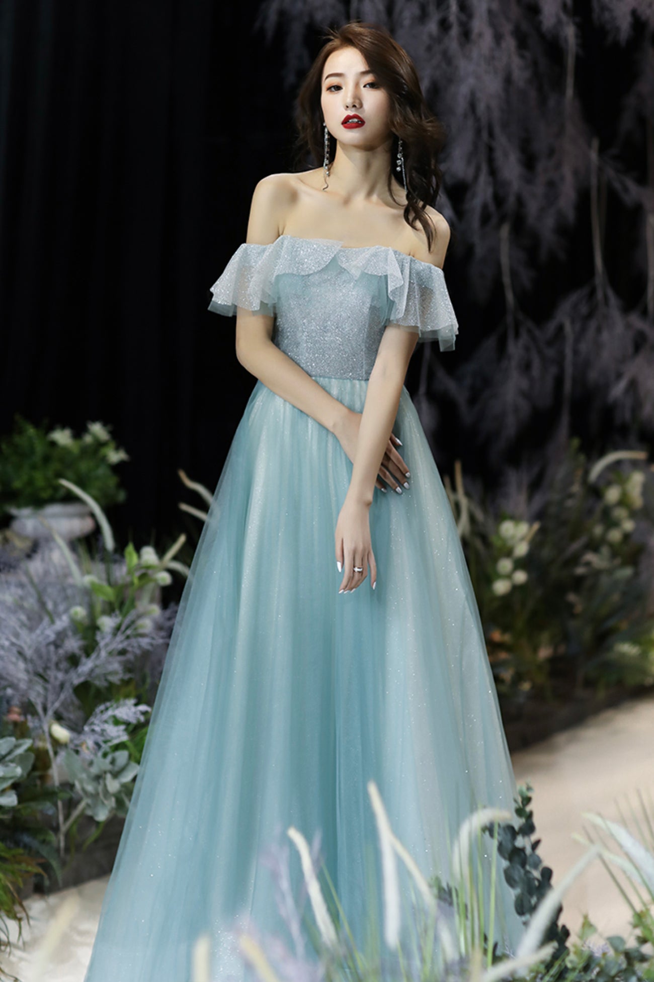 Cute Tulle Long A-Line Prom Dress, Off the Shoulder Evening Party Dress