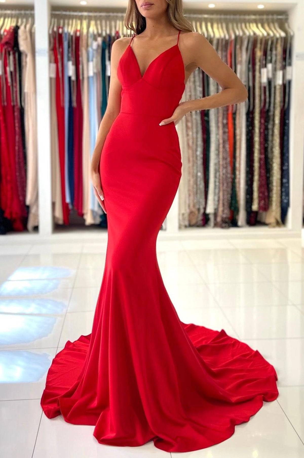 Red V-Neck Long Prom Dress, Mermaid Backless Evening Party Dress