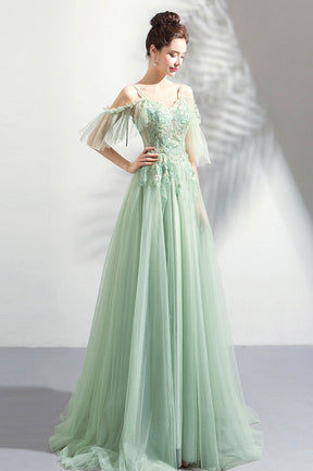 Green Lace Spaghetti Strap Floor Length Evening Dress, A-Line Prom Dress