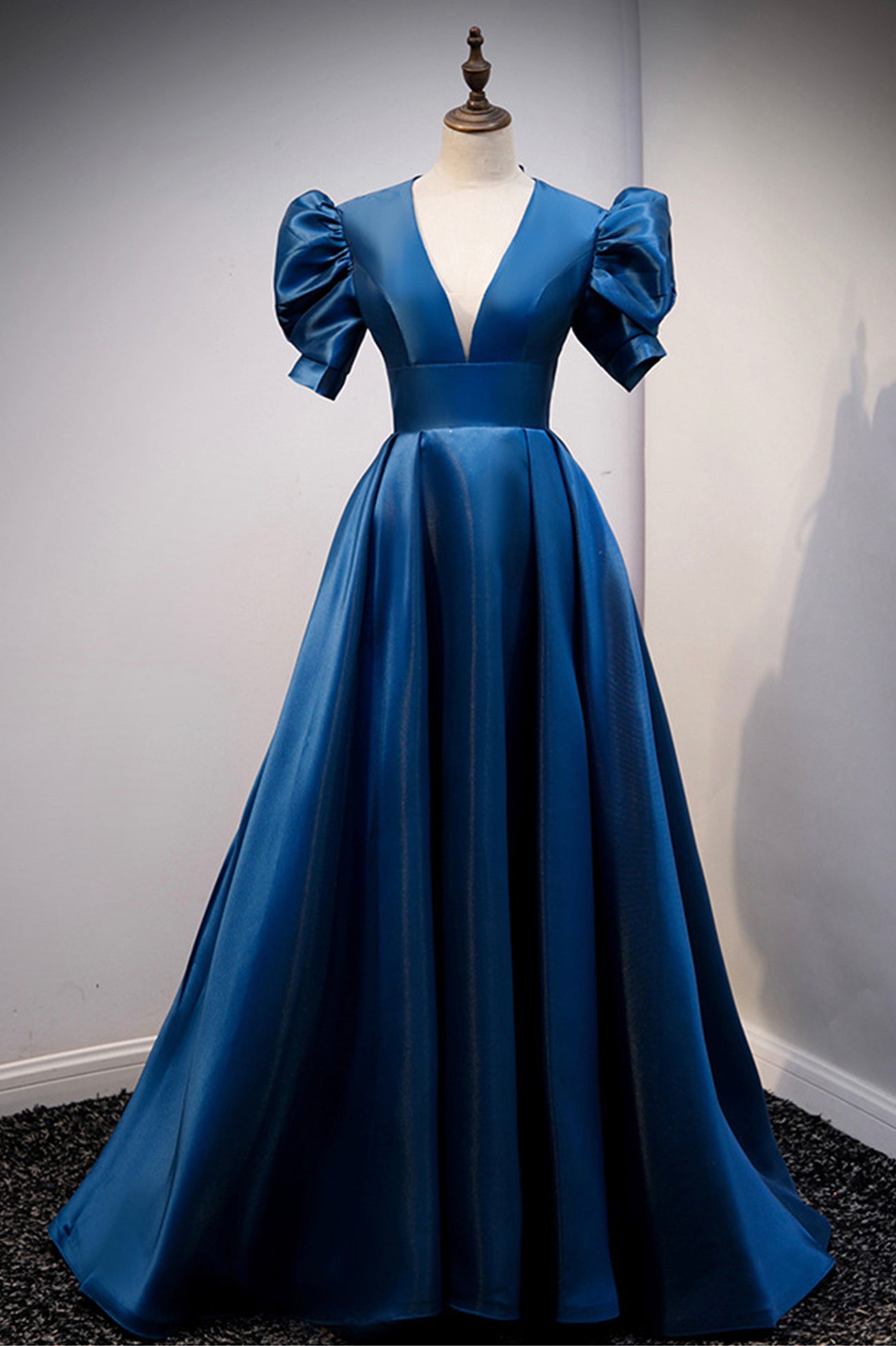 Blue Satin Long A-Line Prom Dress, Elegant Short Sleeve Party Dress