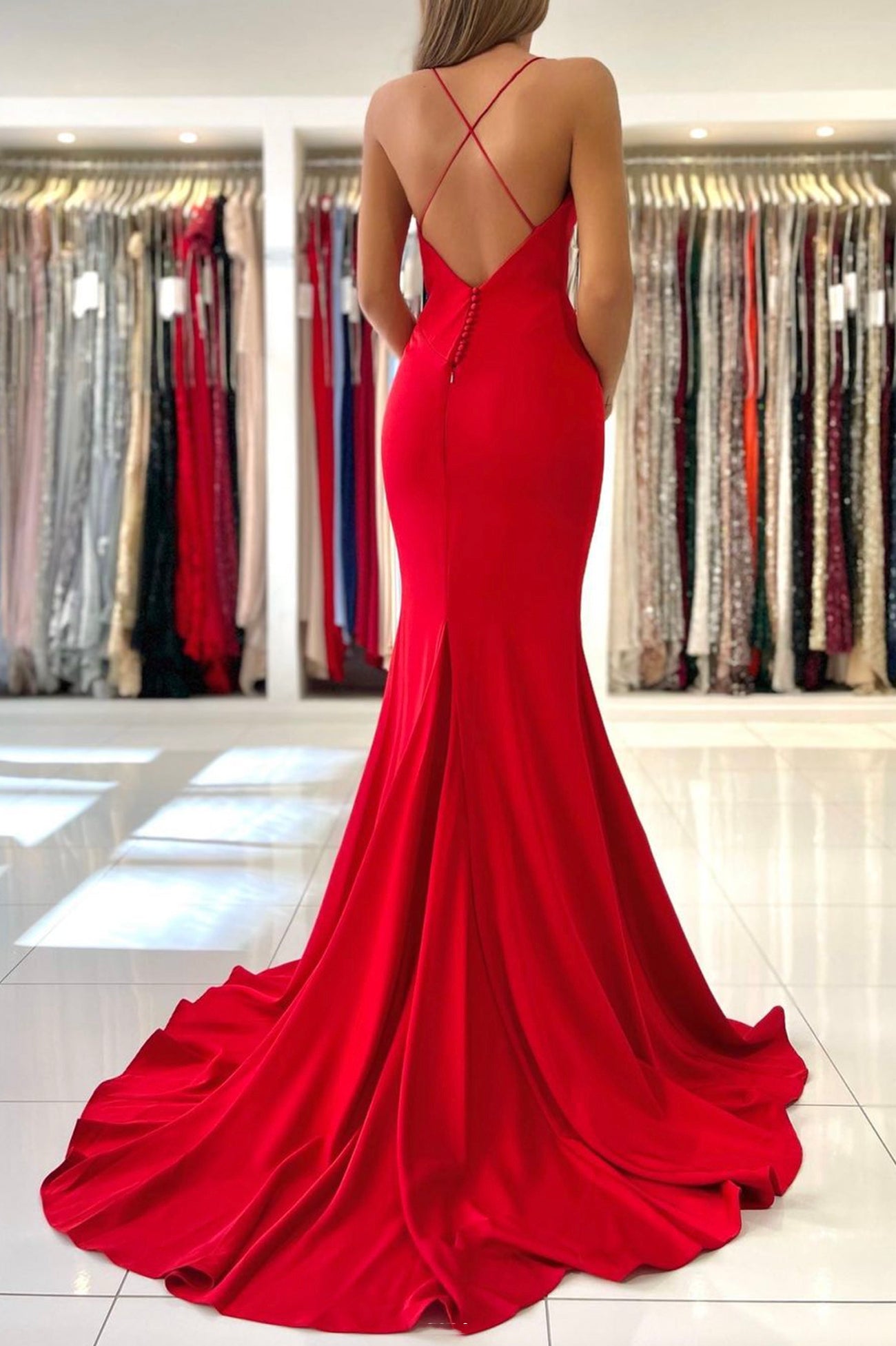 Red V-Neck Long Prom Dress, Mermaid Backless Evening Party Dress Red V-Neck Long Prom Dress, Mermaid Backless Evening Party Dress
