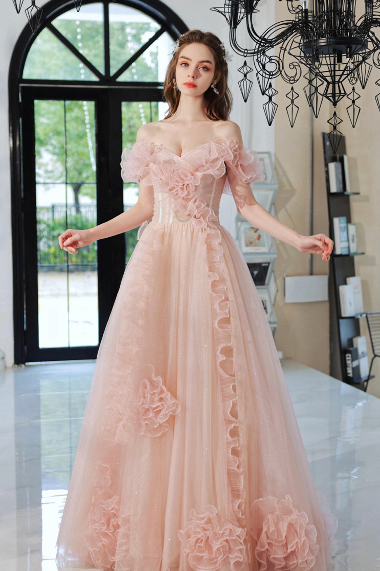 Pink Tulle Long A-Line Prom Dress, Lovely Off the Shoulder Evening Dress