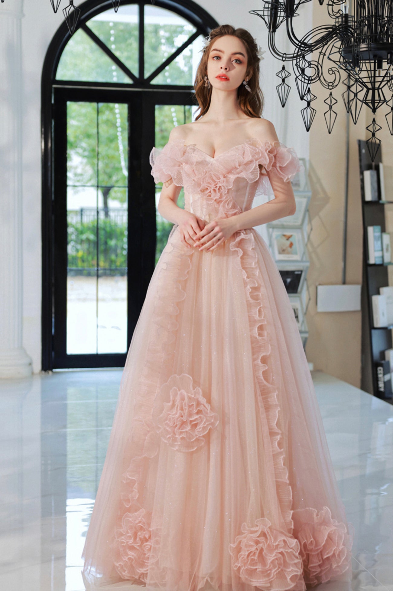Pink Tulle Long A-Line Prom Dress, Lovely Off the Shoulder Evening Dre Pink Tulle Long A-Line Prom Dress, Lovely Off the Shoulder Evening Dre