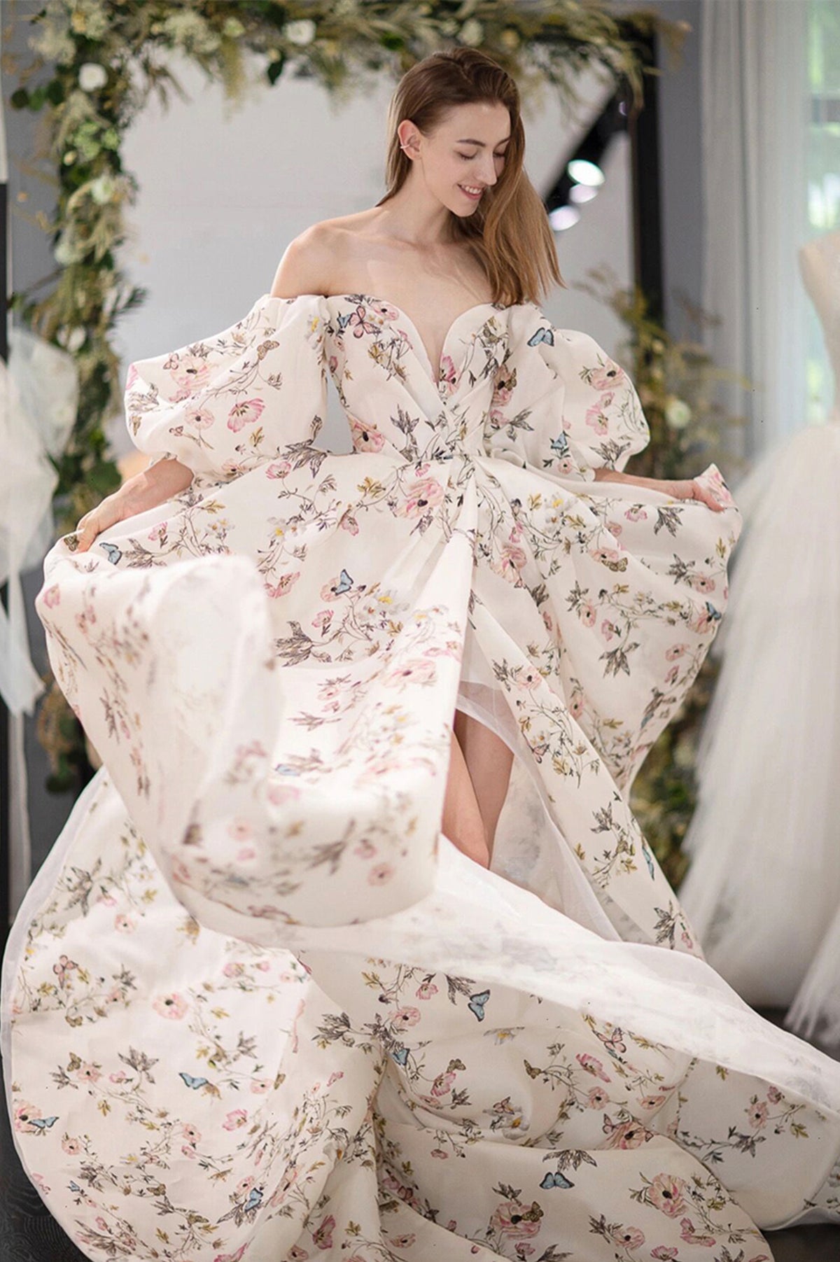 Stylish Printed Pattern Long Prom Dress, White Long Sleeve Evening Party Dress