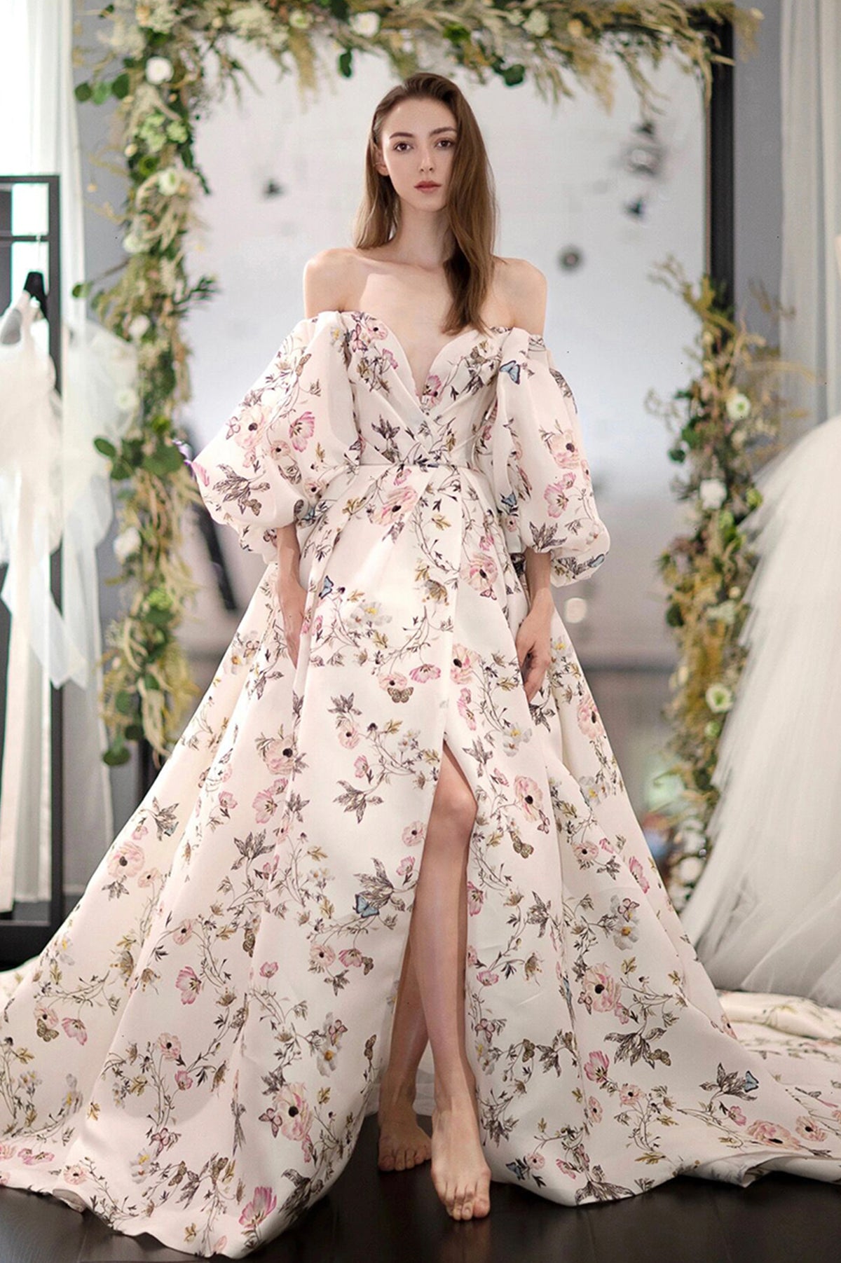 Stylish Printed Pattern Long Prom Dress, White Long Sleeve Evening Party Dress