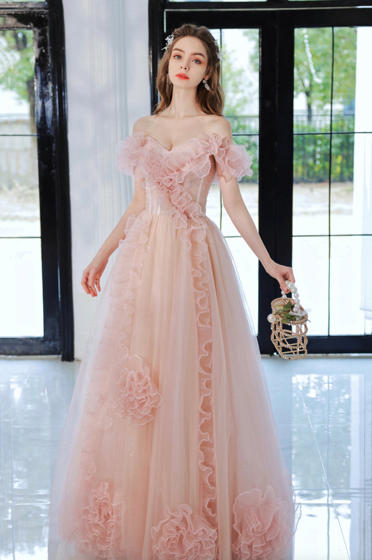 Pink Tulle Long A-Line Prom Dress, Lovely Off the Shoulder Evening Dress