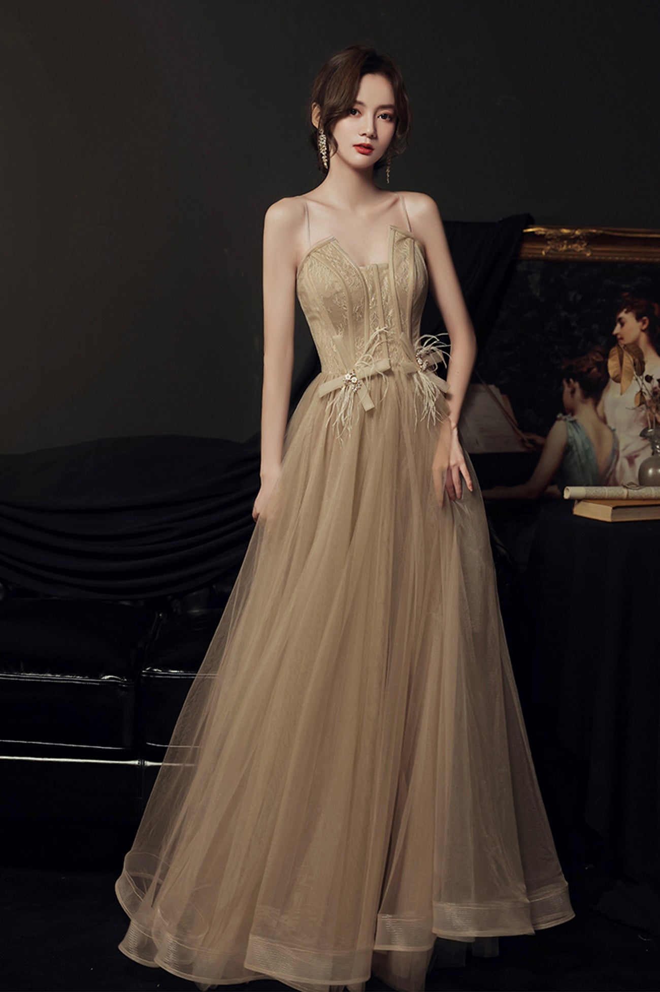 Stylish Tulle Long A-Line Prom Dress, Champagne Strapless Evening Party Dress