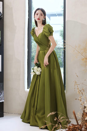 Green Satin Long A-Line Prom Dress, Short Sleeve Evening Party Dress