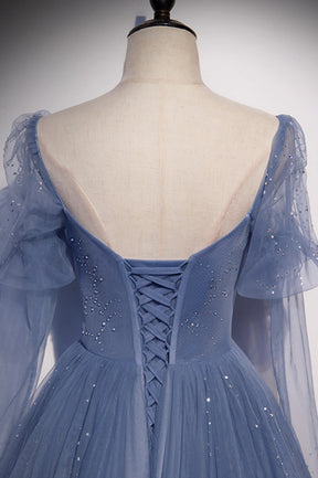 Blue Tulle Long Sleeve Prom Dress, A-Line Blue Evening Party Dress