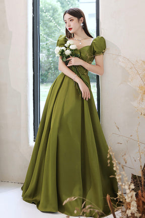 Green Satin Long A-Line Prom Dress, Short Sleeve Evening Party Dress