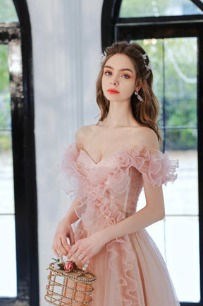 Pink Tulle Long A-Line Prom Dress, Lovely Off the Shoulder Evening Dress