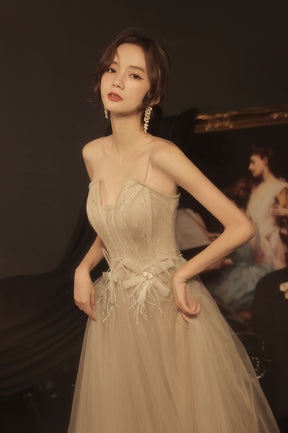 Stylish Tulle Long A-Line Prom Dress, Champagne Strapless Evening Party Dress