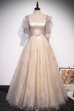 Champagne Tulle Sequins Long Prom Dress, Cute 1/2 Sleeve Party Dress