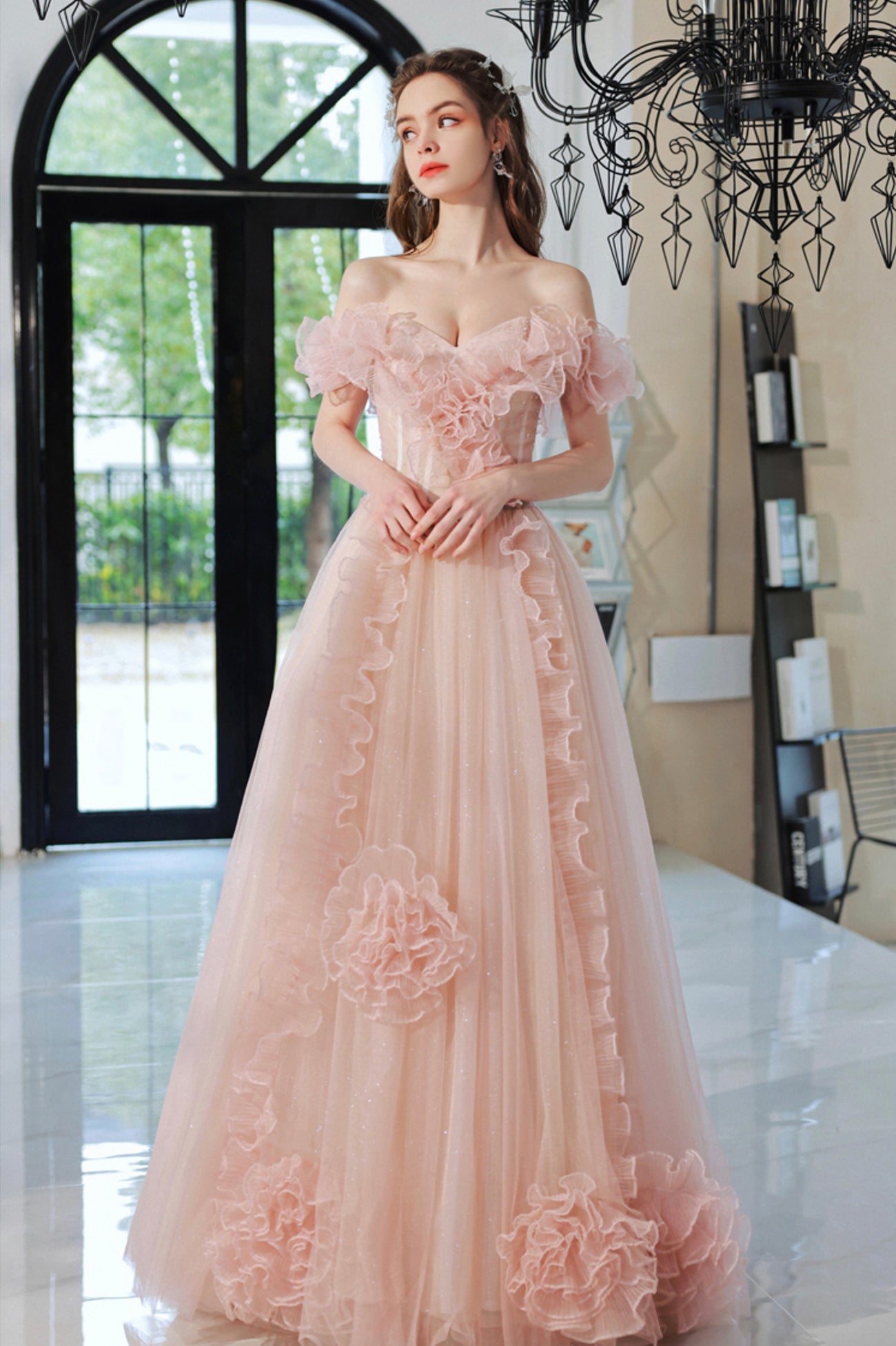 Pink Tulle Long A-Line Prom Dress, Lovely Off the Shoulder Evening Dre