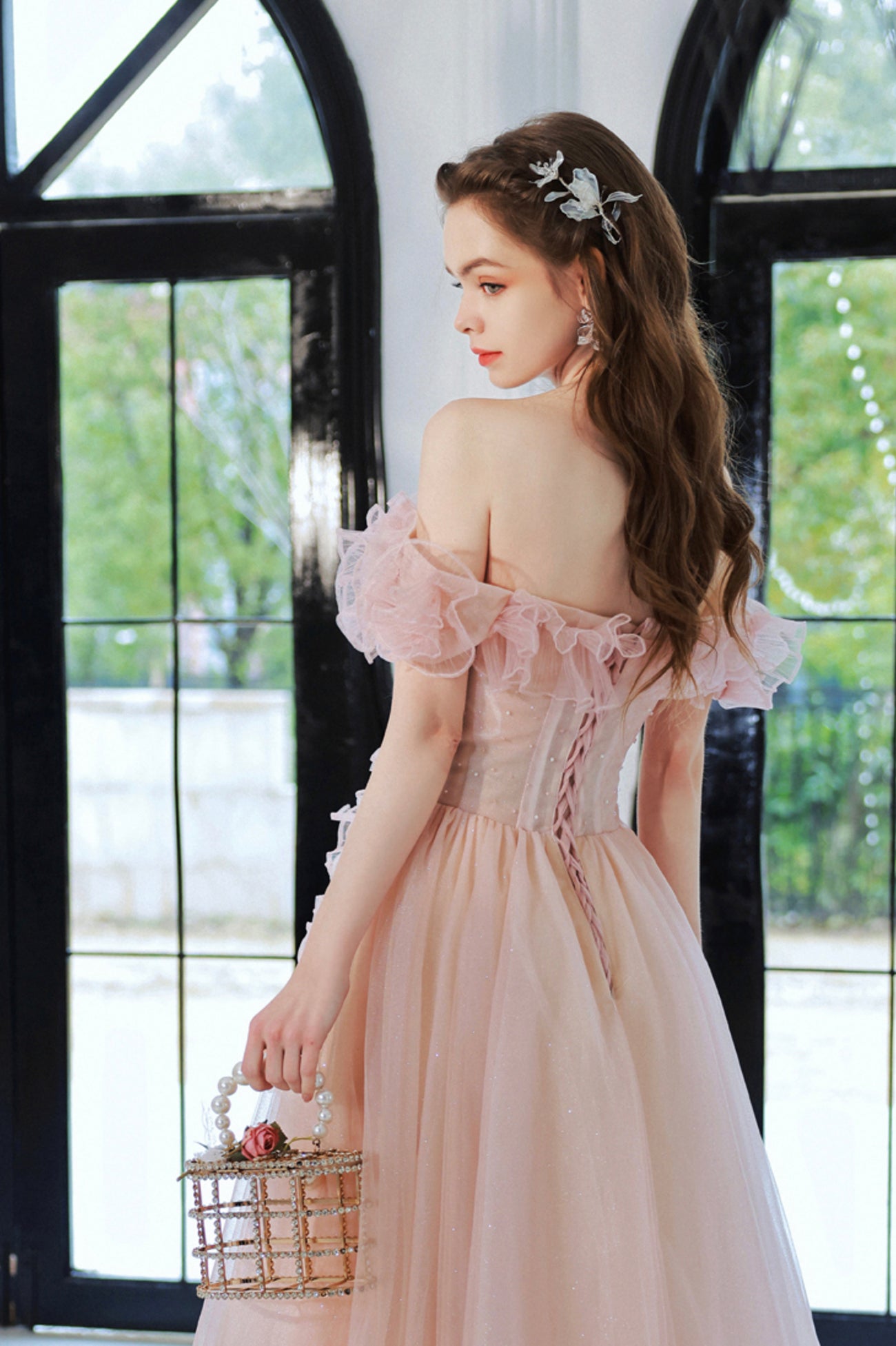 Pink Tulle Long A-Line Prom Dress, Lovely Off the Shoulder Evening Dre Pink Tulle Long A-Line Prom Dress, Lovely Off the Shoulder Evening Dre