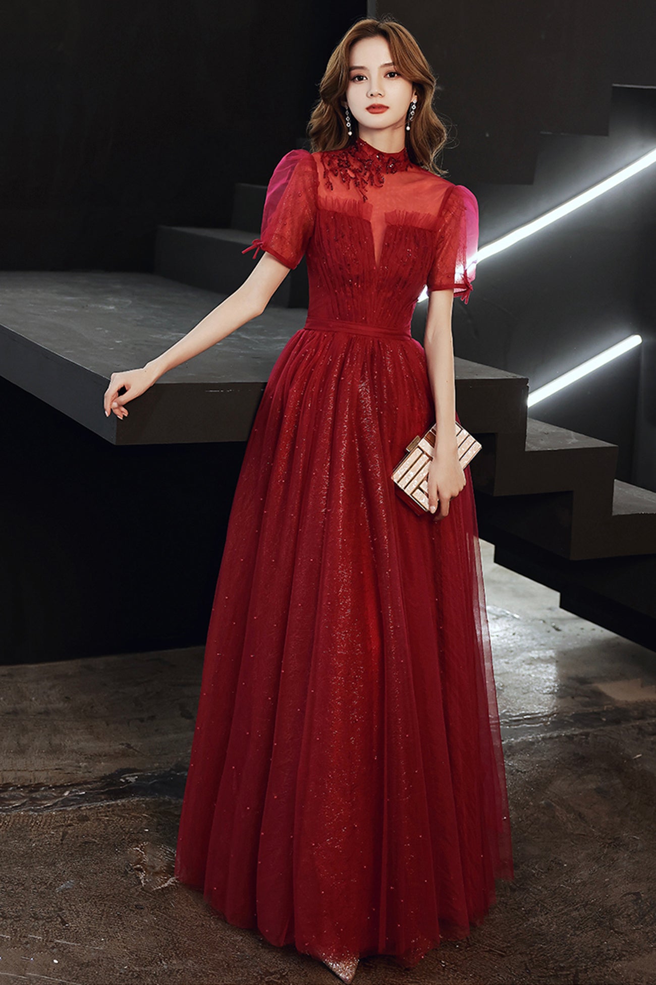 Burgundy Tulle Long A-Line Prom Dress, Burgundy Lace Evening Dress Burgundy Tulle Long A-Line Prom Dress, Burgundy Lace Evening Dress