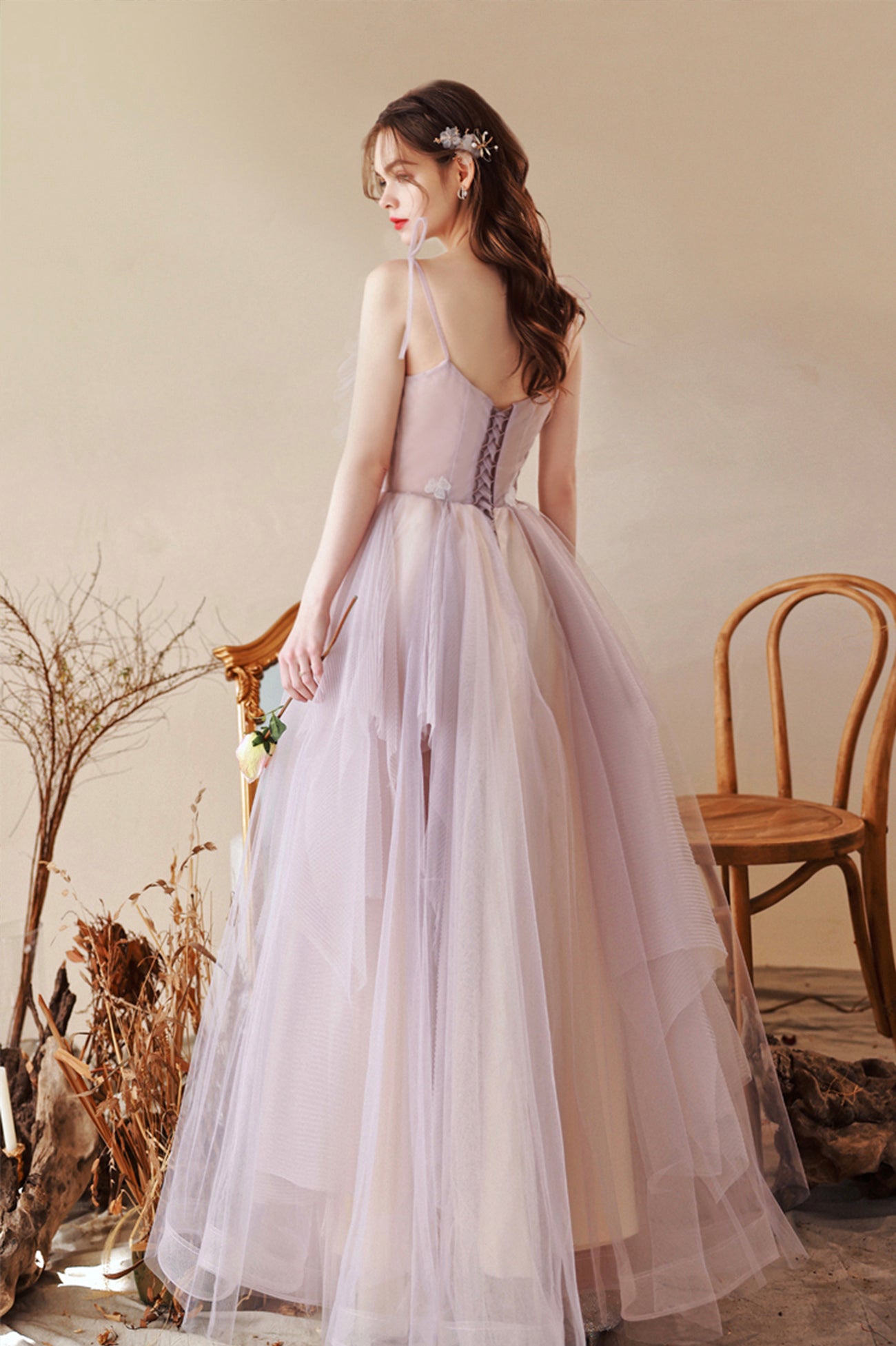 Cute Tulle Lace Long A-Line Prom Dress, Spaghetti Straps Evening Dress