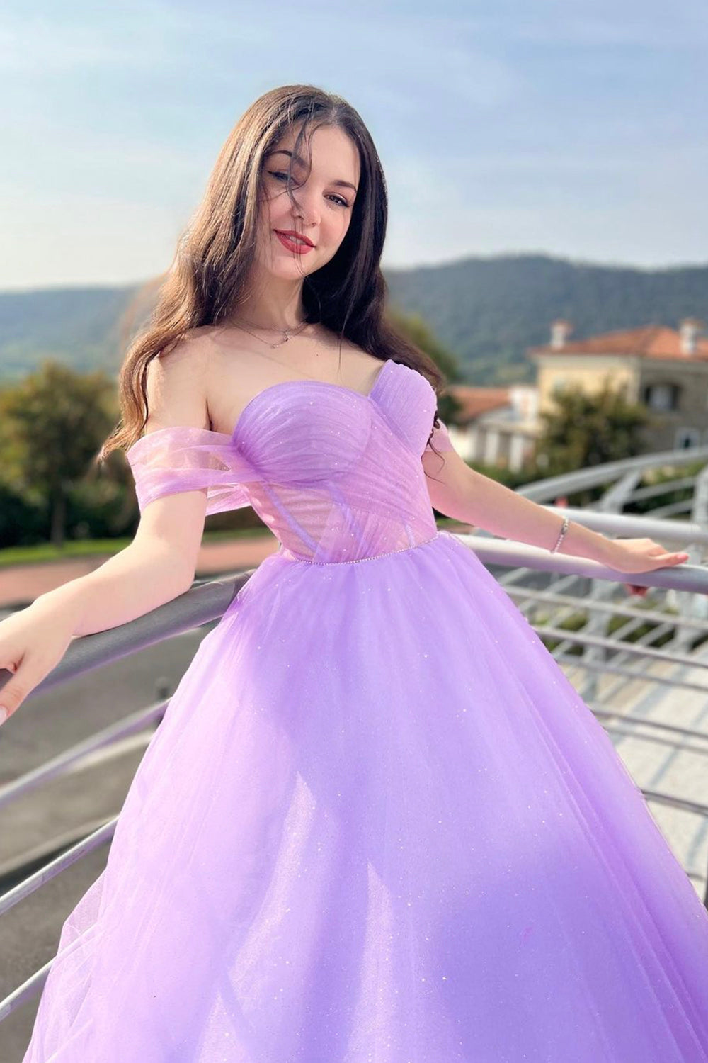 Purple Tulle Long A-Line Prom Dress, Off Shoulder Evening Dress Purple Tulle Long A-Line Prom Dress, Off Shoulder Evening Dress