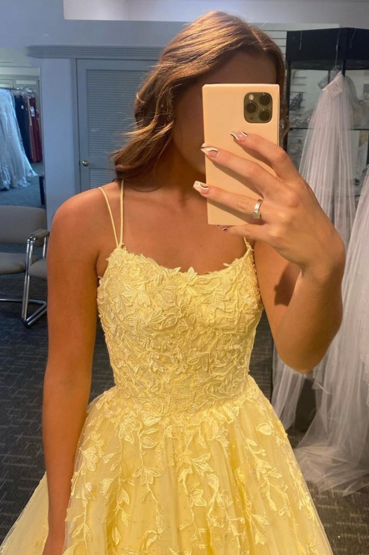 Yellow Tulle Lace Long Prom Dress, A-Line Backless Graduation Party Dress