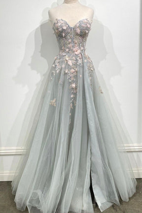 Gray Tulle Lace Long Strapless Prom Dress, A-Line Formal Evening Dress