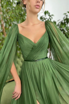 Green Chiffon Long A-Line Prom Dress, Long Sleeve Evening Graduation Dress