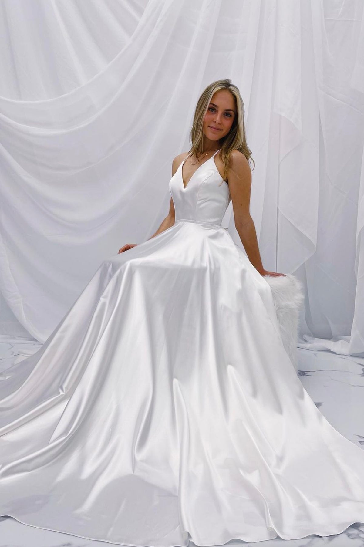 White Satin Long A-Line Prom Dress, Simple V-Neck Evening Party Dress