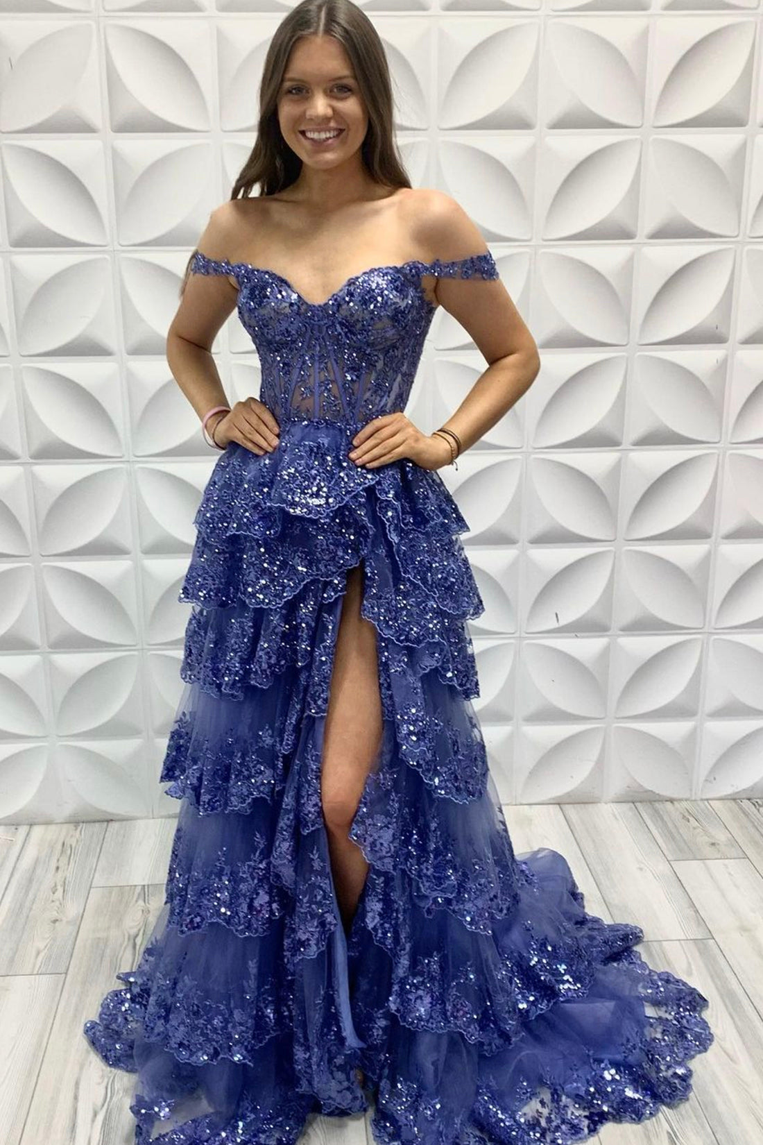 Blue Spaghetti Straps V-Neck Prom Dress with Lace, Blue Evening Dress