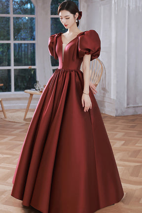 Burgundy Satin Long A-Line Prom Dress, V-Neck Short Sleeve Evening Dress