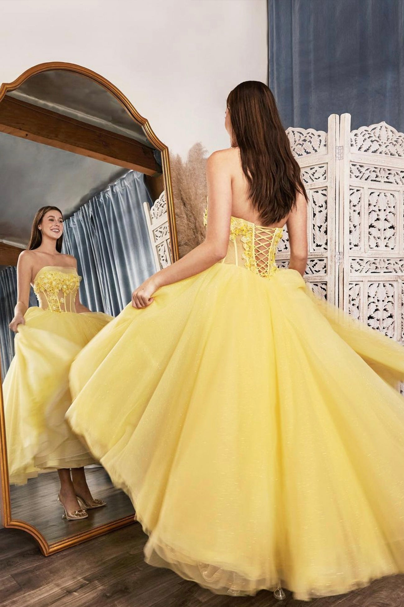 Yellow Tulle Long Prom Dress with Lace, Yellow Strapless Evening Party Dress