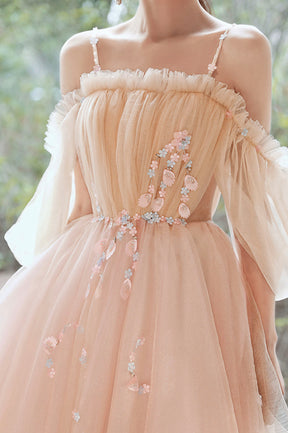 Pink Tulle Short A-Line Prom Dress, Lovely Spaghetti Straps Homecoming Party Dress