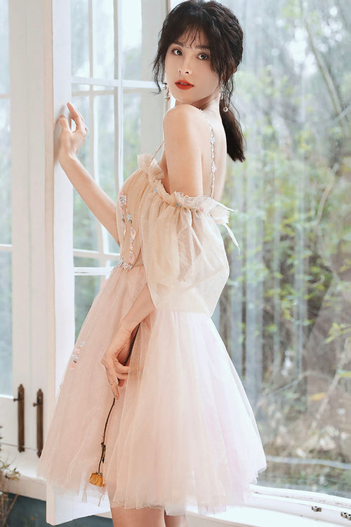 Pink tulle short A line prom dress homecoming dress C1138 main image 1