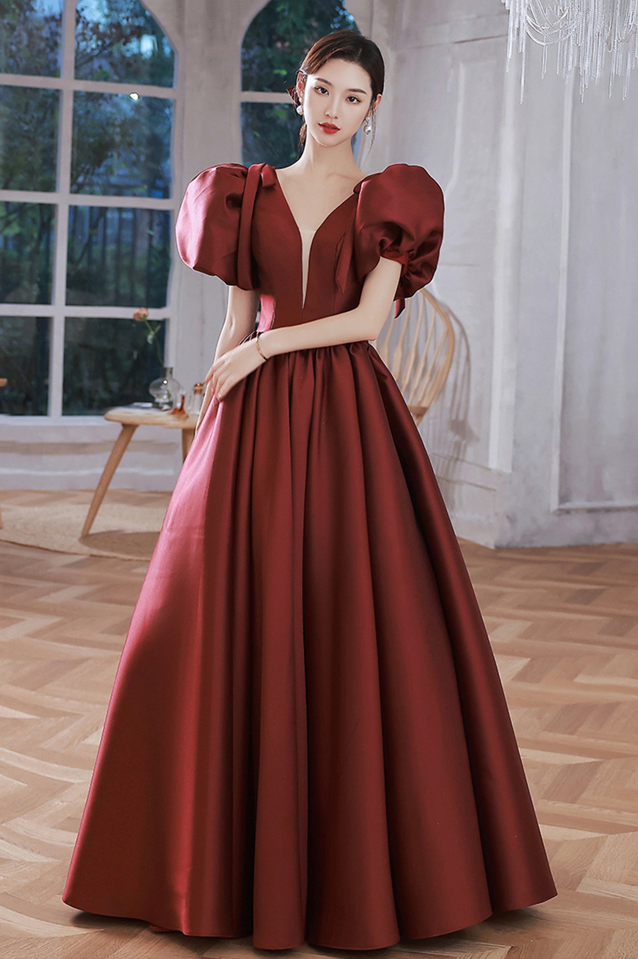 burgundy satin long sleeve dress Azazie Leonia