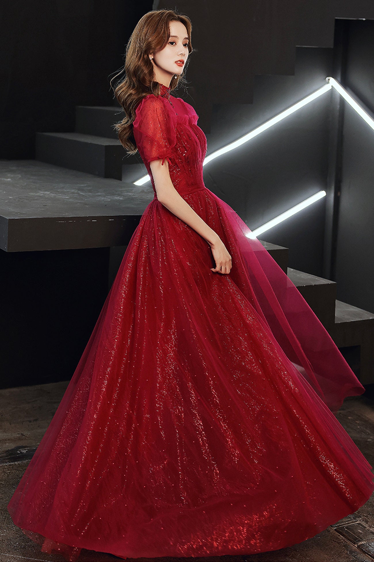 Burgundy Tulle Long A-Line Prom Dress, Burgundy Lace Evening Dress Burgundy Tulle Long A-Line Prom Dress, Burgundy Lace Evening Dress