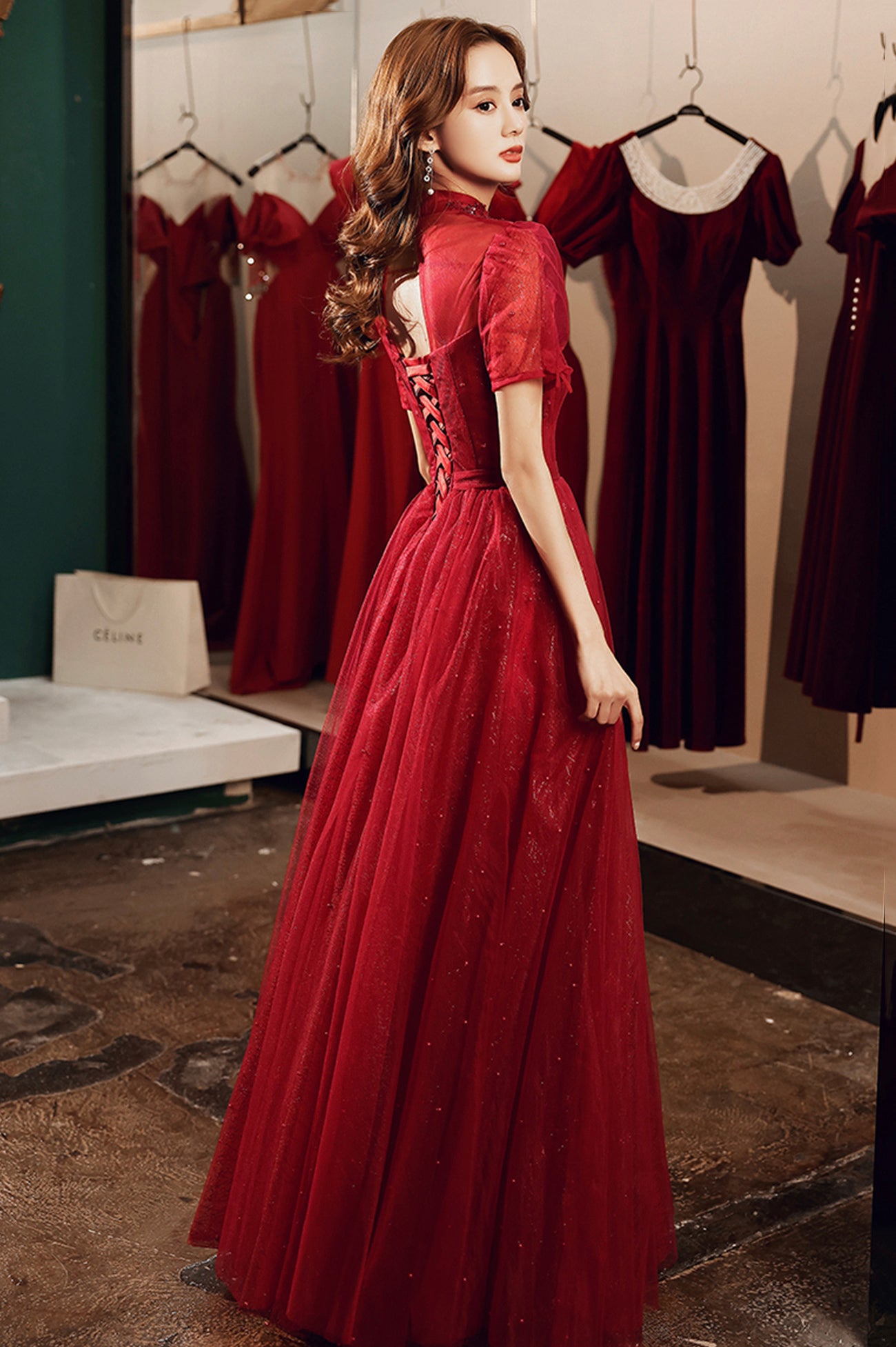 Burgundy Tulle Long A-Line Prom Dress, Burgundy Lace Evening Dress Burgundy Tulle Long A-Line Prom Dress, Burgundy Lace Evening Dress