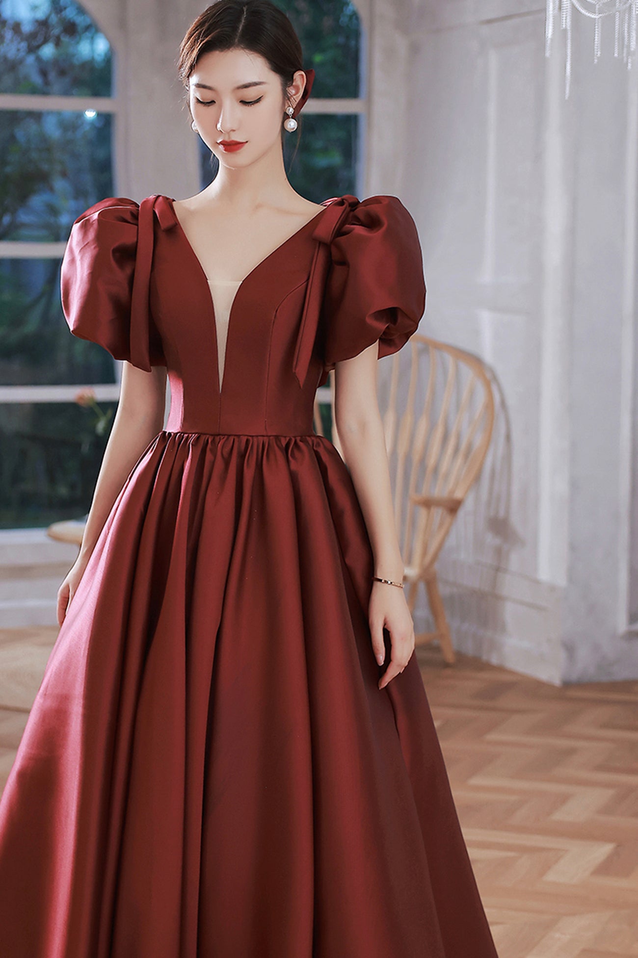 Burgundy Satin Long A-Line Prom Dress, V-Neck Short Sleeve Evening Dress