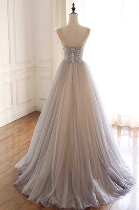 A-Line Scoop Neckline Tulle Long Prom Dress with Beaded, Evening Party Dress