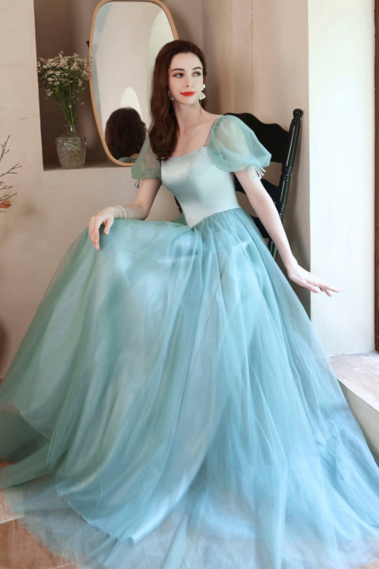 A-Line Satin Tulle Long Prom Dress, Green Short Sleeve Evening Party Dress