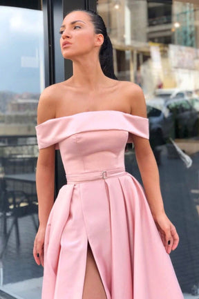 Pink Satin Long A-Line Prom Dress, Simple Off the Shoulder Evening Dress with Slit