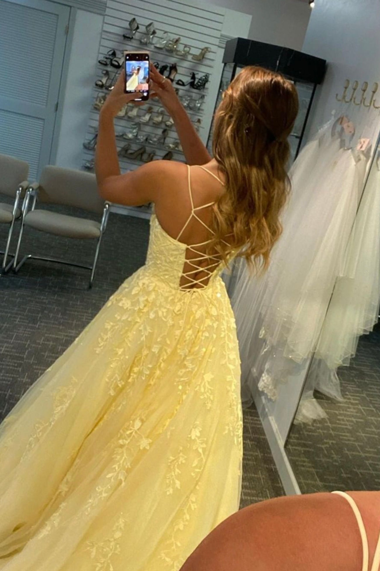 Yellow Tulle Lace Long Prom Dress, A-Line Backless Graduation Party Dr Yellow Tulle Lace Long Prom Dress, A-Line Backless Graduation Party Dr